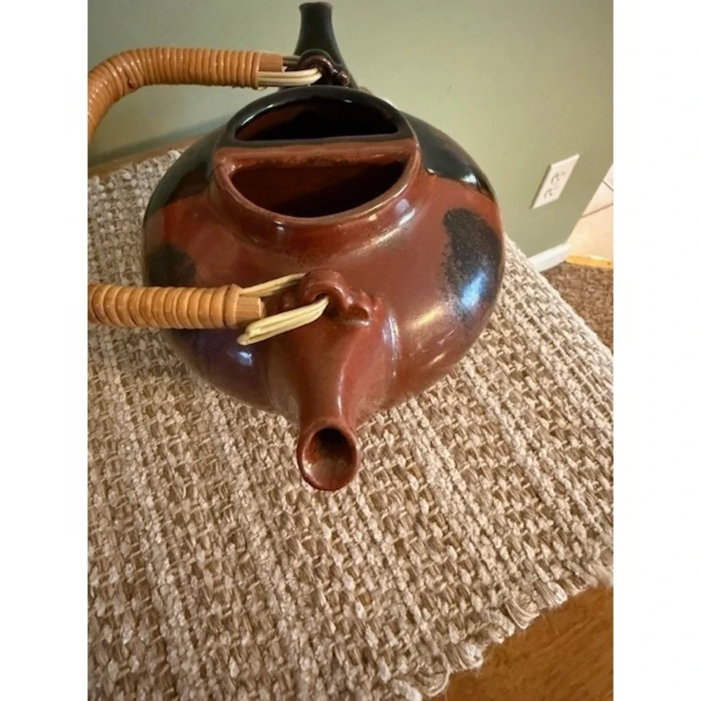 Takahashi Tea Pot Pottery Black/Brick Red Tip Dual Spout Straw Handle